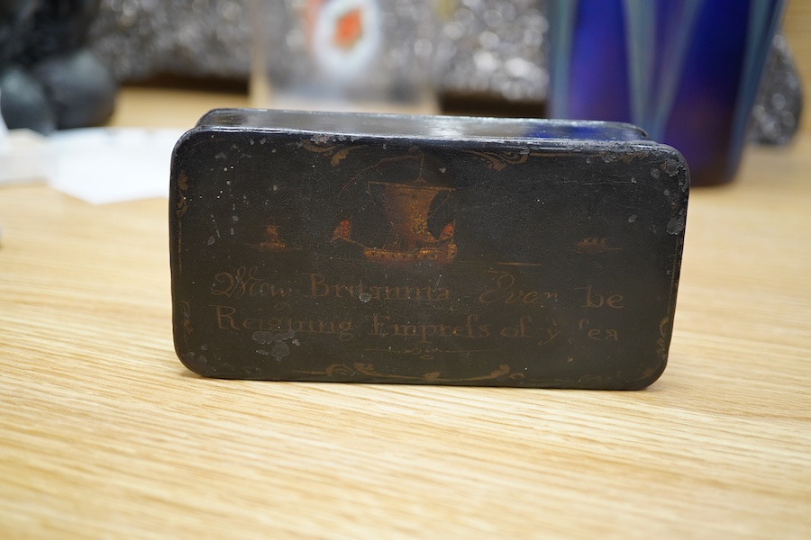 An early 19th century toleware box decorated with a ship and verse 'Britannia Ever be - Reigning Empress of Y' Sea', 13.5cm. Condition - fair